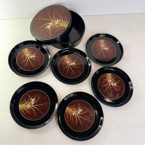 💛Vintage Japanese Lacquer Coaster Set Himark OMARK 🖤💛 6 Coasters With Holder